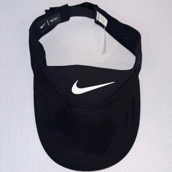 Nike Dri-FIT Visor Black White Adjustable Golf Tennis Running Sport Hat Cap - Picture 2 of 5